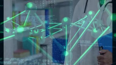 Ofis raflarının üzerine hologramlar serpiştiriliyor. Sağlık brifingi için elinde dosya olan bir doktor ortaya çıkıyor. Tıbbi, teknoloji, yenilik, profesyonellik, dijital, sağlık, fütüristik