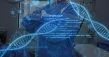 Cerrah eldivenleri sıkılaştırıyor, lambanın altındaki maskeyi ayarlıyor, holografik DNA ve kod örtüsünü etkinleştiriyor. Tıbbi, teknoloji, fütüristik, sağlık, yenilik, hassasiyet, profesyonel