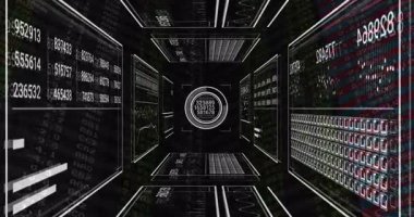 Boş tünel başlama veri panelleri zayıflıyor ve merkez çember analizler için sayısal verileri güncelliyor. Fütürist, dijital, teknoloji, veri görselleştirme, analitik, siber, arayüz