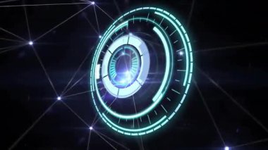 Holografik arayüz çöküyor, dönen halkalar titreşiyor, ağ taraması için veri patlaması gönderiliyor. Gelecek, teknoloji, dijital, arayüz, bağlantı, siber, ağ