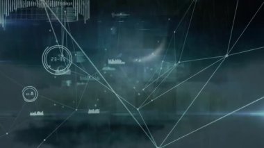 Koyu renk düzlem açılışı, ince beyaz çizgiler takip düğümleri, gösterge yükleme, gereçler yükleme, ağ oluşturma. Fütürist, dijital, soyut, teknolojik, veri görselleştirme, daldırıcı, yüksek teknoloji