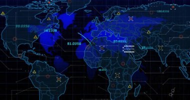 Dijital dünya haritasını başlatan sayısal okumalar küresel veri akışı bağlantılarını görselleştiriyor. Teknoloji, bağlantı, veri, ağ, analitik, iletişim, siber uzay