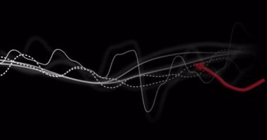 Beyaz gri dalga formları siyah arka planda sallanıyor, kırmızı ok yukarı doğru kayıyor. Soyut, hareketli, dinamik, geleceksel, teknoloji, dijital, akış
