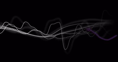 Siyah, mor oklar üzerinde dalgalanan dalga formları dalga boyu takip sinyali zirveleri boyunca süzülüyor. Soyut, hareketli, dijital, veri, teknoloji, görselleştirme, dinamik