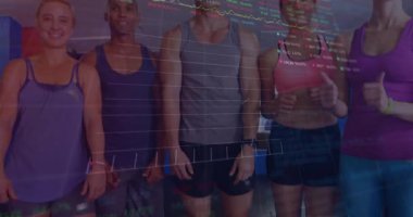 Beş kişilik çalışma grubu, grafiği üst üste koymak için başparmak işareti vererek ve ilerlemeyi vurgulayarak tepki veriyor. Fitness, takım çalışması, motivasyon, sağlık, veri görselleştirme, aktivite giyimi, işbirliği