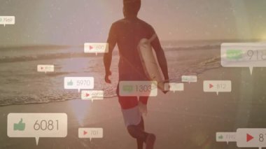 Dalgalarda sörf yapmak için koşan sörfçü, artan katılımı gösteren animasyon pazarlama ölçümleri. Macera, açık hava, dinamik, eğlence, yaşam tarzı, canlı, enerjik