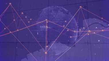 Küre mor ızgarada beliriyor ağ oluşturmaya başlıyor ve dünyayı döndürüyor verileri görselleştiriyor. Fütüristik, teknoloji, görselleştirme, dijital, soyut, yenilik, veri