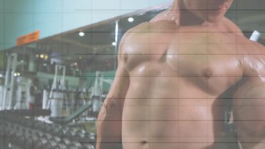 Dambılı kavrayan ve spor salonunda biseps kıvıran adam animasyon güç ölçümleri sergiliyor. Kas, güç, fitness, egzersiz, kararlılık, antrenman, spor