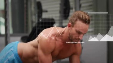 Yüksek kalas ve halterli kürek çeken bir adam. Çizgi çizelgesi ve çizgili grafik izleme kondisyonunu geliştiriyor. Kuvvet, analitik, sağlık, performans, yenilik, dijital, eğitim