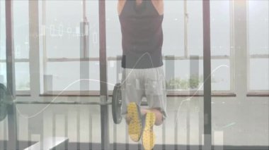 Çekme çubuğunu tutan ve gövdeyi kaldıran bir adam. Bu arada çubuk çizelgesi izleme uygunluğu sürecini örtüyor. Atletik, güç, kararlılık, performans, modern, motivasyon, uygunluk