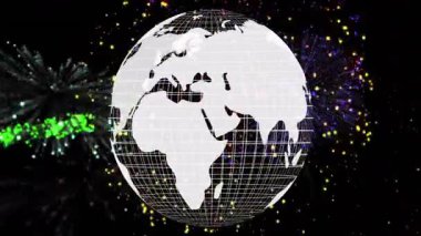 Küresel kutlamayı sembolize eden dönen tel çerçevenin arkasında patlayan yeşil, sarı havai fişekler. Geometrik, kutlama, dijital, şenlikli, canlı, dinamik, küresel