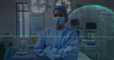 Kadın cerrah ameliyathanede duruyor, kafasının etrafında veri küresi oluştururken dalga şeklini izliyor. Tıbbi, yenilik, teknoloji, sağlık, fütüristik, hassasiyet, bilim