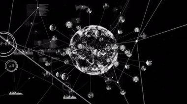 Tel çerçeve küresi açılıyor, profil simgeleri ekvator etrafında ortaya çıkıyor ve küresel ağı temsil ediyor. Teknoloji, veri, bağlantı, ağ, analitik, dijital, yenilik