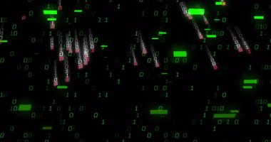 Yoğun sayısal yağmuru görselleştirmek için hızlı giden ikili akımları ve çubukları başlatan yeşil parmaklar. Fütürist, siber, veri görselleştirme, teknolojik, soyut, yüksek teknoloji, dijital ortam