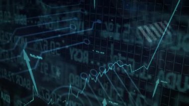 Piyasa büyümesini temsil eden şebeke zemininde yükselen titreşimli oklarla dolu çizgi grafiğinde. Veri analizleri, dijital arayüz, teknolojik, yatırım, fütüristik, hareket grafikleri, bilgi teknolojisi