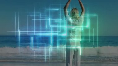 Kıyı şeridinde kolları yukarı çeken adam, okyanus boyunca neon teknoloji ağını etkinleştiriyor. Fütürist, dijital, teknoloji, yenilik, bağlantı, soyut, modern