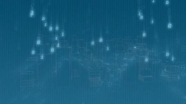 Kablo çerçeveli şehir ortaya çıkıyor ve ikili haneli rakamların nokta matris topografisine dönüşmesine neden oluyor. Fütürist, dijital, siber alan, veri görselleştirme, soyut, teknoloji, ağ