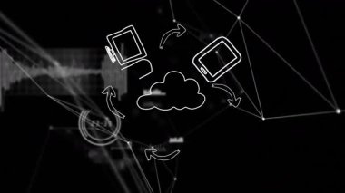 Beyaz bulut anahatları başlatılıyor okları döndüren ve veri akışını gösteren aygıt simgelerine dönüştürüyor. Bulut hesaplama, veri transferi, dijital ağ, teknoloji, siber altyapı, bilgi akışı, bağlantı