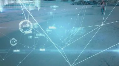 Ağ ortaya çıkıyor, kadın teknoloji için takip hızını takip eden veri düğümlerini birleştiriyor. Gelecek, dijital, kıyı, eğlence, yenilikçi, dinamik, estetik