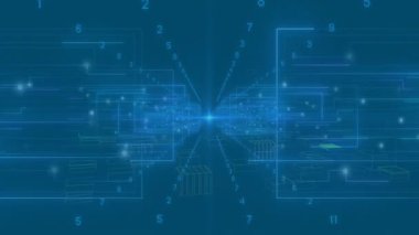 Merkezi ışıltı darbesiyle birlikte, rakamsal rakamlar kablo blokları oluşturarak veri tünelini derinleştiriyor. Fütürist, dijital, soyut, teknolojik, siber uzay, geometrik, sanal