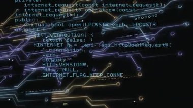 Canlandırılmış devre arkaplan açma ve kaydırma C + + + kodu HTTP taleplerini, yanıt mantığını ortaya çıkarıyor. Teknoloji, dijital, fütürizm, programlama, yenilik, veri, arayüz