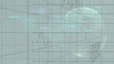 Şebeke ortaya çıkıyor, çizgi grafikleri ve çubuklar yükseliyor, dönen dünyaya karşı pazar eğilimini gösteriyor. Analizler, görselleştirme, dijital, geleceksel, ilerleme, yenilik, veri
