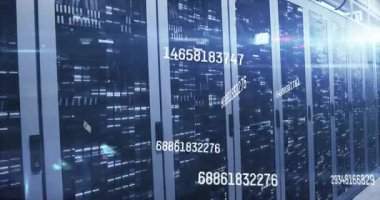 Canlı veri işlemeyi gösteren sunucu raflarında sürüklenen sayısal akımları başlat. Teknoloji, veri, siber güvenlik, dijital, ağ, hesaplama, yenilik