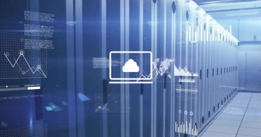 Laptop bulut simgesinin soluklaşması, veri akışını görselleştiren raflar üzerinde ölçeklendirme ve çözünürlük sağlar. Teknoloji, veri işleme, bulut hesaplama, sunucu odası, dijitalizim, ağ, yenilik