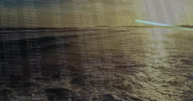 Açılışta, okyanus dalgaları yuvarlanıyor, kodlar soluyor ve cyan çizgileri taranıyor, verilerle birleştiriliyor. Deniz manzarası, dijital alarm, siberestetik, doğal dekor, manzara, fütüristik, teknoloji