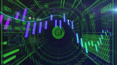 Mor çubukların büyüdüğü, çizgi grafiğinin aktığı ve veri gösterilen bir tünelden geçen hareket eden kamera. Fütüristik, veri görselleştirme, dijital ortam, neon, teknoloji, analiz, soyut