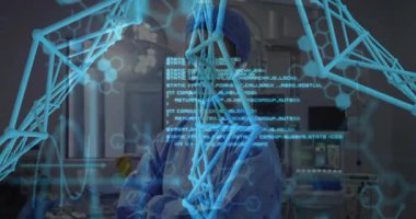 Holografik ağ ve kod, cerraha rehberlik ediyor, ameliyat hazırlıkları için gülümsüyor. Tıbbi, teknoloji, fütüristik, yenilik, sağlık, görselleştirme, klinik