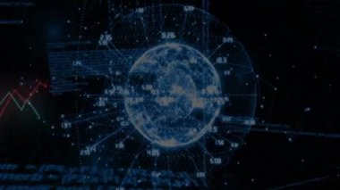 Veri eğilimlerini görselleştirmek için titreşen radyal veri işaretçilerini yüklerken 3D görüntüleme küresi dönüyor. Holografik, geleceksel, veri görselleştirme, dijital arayüz, ağ, analiz, teknoloji