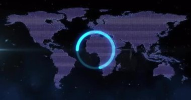 Düz haritada beliren soluk dairesel çizgiler. Cyan yayı döndürmeye başlıyor, zayıflıyor, yükleniyor. Küresel, navigasyon, teknoloji, veri görselleştirme, fütüristik, arayüz, bağlantı