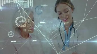 Hekim tableti tıklayarak hastaya saatle sağlık analizlerinde rehberlik ediyor, animasyon veri örtüsü. Tıbbi, teknoloji, dijital, sağlık, analiz, profesyonellik, modern