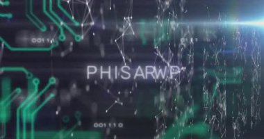 PHISHING 'i oluşturan PHI harfleri yanıp sönüyor, ikili uyarı kullanıcılarıyla devreleri canlandırıyor. Siber güvenlik, dijital, teknoloji, ağ, veri, koruma, siber saldırı