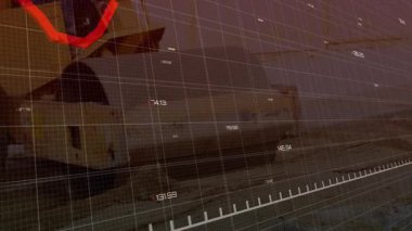 Şeffaf şebeke üzerinde kırmızı çizgi çizelgesi canlandırması, yükleyici operatörünün kontrolleri ayarladığını gösteriyor. İnşaat, makine, analitik, sanayi, dijital, mühendislik, çevre