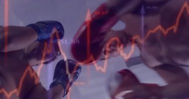 Boksörler eldivenlerini yere vuruyor ve spor ölçümleri üretiyor. Portakal çizgisi grafikleri. Sporcular, performans, eğitim, rekabet, dinamik, kararlılık, yoğunluk