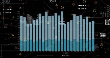 Siyah arkaplandaki grafik, veri ve simgelerin resmi. Veri işleme, bilgisayarlar, dijital ekran ve teknoloji konsepti dijital olarak oluşturulmuş görüntü.