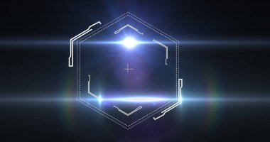 Altıgen görüntüsü ve siyah arkaplan üzerindeki ışıklar. Veri işleme, ağ ve teknoloji konsepti dijital olarak oluşturuldu.