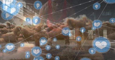 Bulutların üzerindeki bağlantılar ve şınav çeken Afro-Amerikan bir adamın görüntüsü. Spor, aktif yaşam tarzı, iletişim ve bağlantılar konsepti dijital olarak oluşturulmuş görüntü.