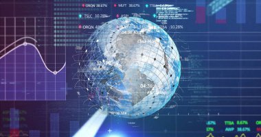 Donanma dijital alanı üzerinden küresel ve finansal verilerin görüntüsü. Küresel iş, finans, ekonomi, ağ ve teknoloji konsepti dijital olarak oluşturulmuş görüntü.