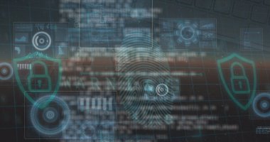 Mavi arkaplan üzerinde veri işleme ve parmak izi resmi. Küresel bağlantılar, veri işleme ve dijital arayüz konsepti dijital olarak oluşturulmuş resim.