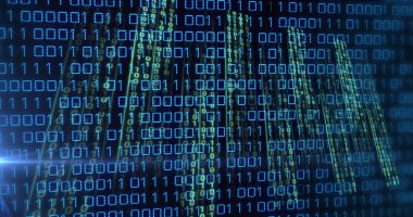 Siyah arkaplan üzerinde veri işleme resmi. Küresel iş, bilgisayar ve dijital arayüz kavramı dijital olarak oluşturulmuş görüntü.