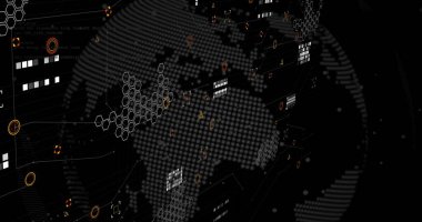 Siyah arkaplandaki grafik, veri ve simgelerin resmi. Veri işleme, bilgisayarlar, dijital ekran ve teknoloji konsepti dijital olarak oluşturulmuş görüntü.