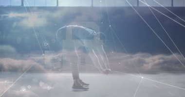 Afrika kökenli Amerikalı bir adamın egzersiz yaptığı bir ağ görüntüsü. Spor, aktif yaşam tarzı, iletişim ve bağlantılar konsepti dijital olarak oluşturulmuş görüntü.