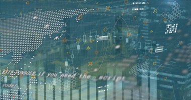 Grafiklerin, veri işlemenin, mavi arkaplanda simgelerin ve kürenin resmi. Küresel ağ, veri işleme, finans, iletişim ve teknoloji konsepti dijital olarak oluşturuldu.