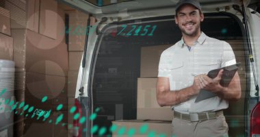 Akıllı telefon kullanan adamın istatistik ve veri işleme görüntüsü. İş finans ve dağıtım hizmetleri kavramı dijital olarak oluşturulmuş görüntü.