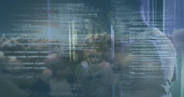 Afro-Amerikan erkek sunucu oda çalışanının veri işleme görüntüsü. Bulut hesaplama kavramı dijital olarak oluşturulmuş resim.