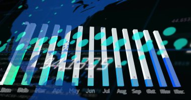 Koyu arkaplanda dünya haritasının üzerindeki grafiklerin resmi. Küresel bilim, finans, veri işleme ve dijital arayüz kavramı dijital olarak oluşturuldu.