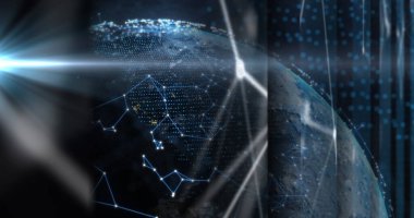 Siyah arkaplanda hareket eden şekiller ve küre görüntüsü. Küresel iş ve dijital arayüz kavramı dijital olarak oluşturulmuş görüntü.